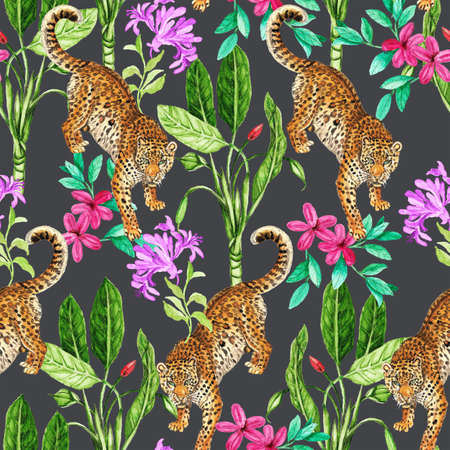 Hand drawn leopard & flowers pattern design in water color for wallpaper, textile, surface, fashion, background, tile, stationary, home decor, furnishing etc.の写真素材