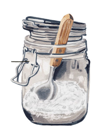 Rustic Glass Jar with Spoon Watercolor Illustration - Farmhouse Kitchen Decorの写真素材