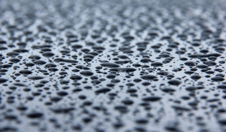 Drops of rain water on a black surfaceの写真素材