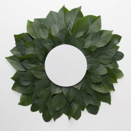 Creative layout made of green leaves with paper card note. Flat lay. Nature concept