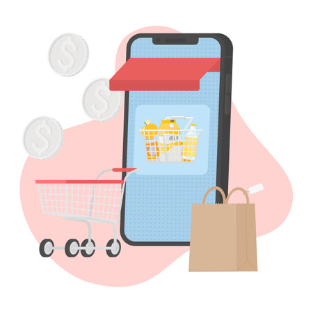 Online shopping concept illustration. The illustration with a smartphone, a bank card, coins and a shopping bag. Vector illustrationのイラスト素材
