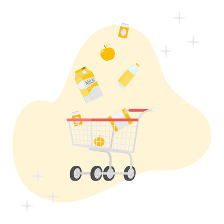 Online shopping concept illustration. The illustration with a shopping cart, an apple, cans, milk packaging and a cardboard box. Vector illustrationのイラスト素材