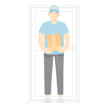 A courier with a package. A courier in a blue uniform holds a box in his hands. Vector illustrationのイラスト素材