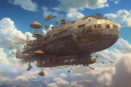 big airship in the sky surrounded by steampunk clouds AI generatedの素材