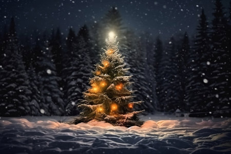 Christmas tree with a garland in a winter forest surrounded by trees. AI generatedの素材