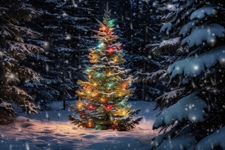 Christmas tree with a garland in a winter forest surrounded by trees. AI generatedの素材