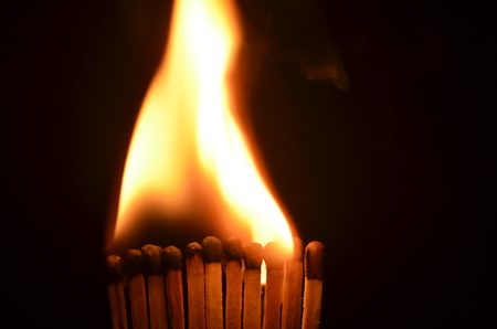 Line of lighted matches on black background.