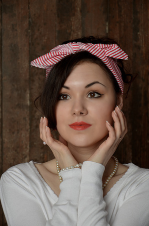 Girl in a red skirt and white blouse, vintageの写真素材