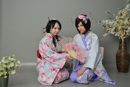 A girls in a yukata Tea ceremonyの写真素材