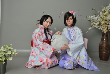 A girls in a yukata Tea ceremonyの写真素材