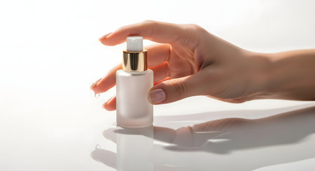 Female hand holding a bottle of serum on a white background with reflectionの素材