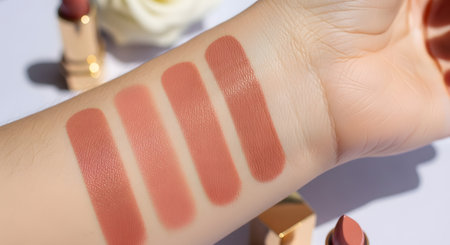 Lipstick on the hand of a young woman, close-upの素材