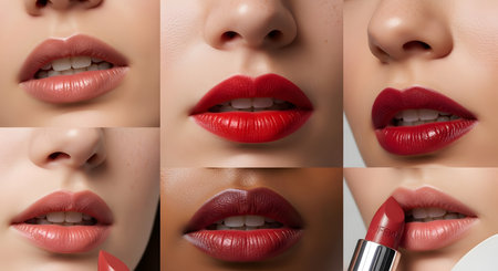 Collage of beautiful female lips with red lipstick. Makeup conceptの素材