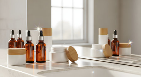 Cosmetics bottles on a white countertop. 3d rendering.の素材
