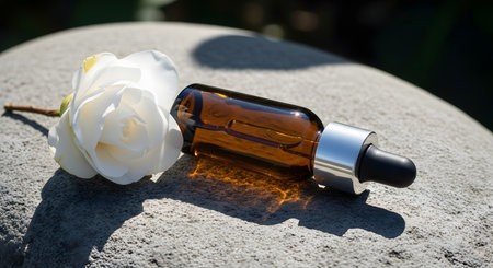 Essential oil in glass bottle with rose flower on the grave.の素材