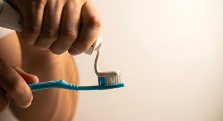 Toothbrush and toothpaste in the hands of a woman.の素材