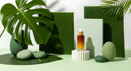 cosmetic product with green leaf and stone background.mock up product beautyの素材