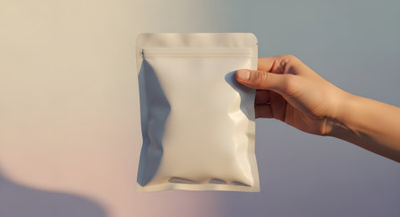 Female hand holding a white plastic bag of food on a light backgroundの素材