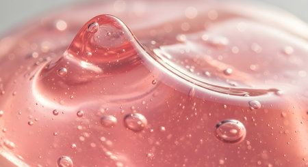 Close up of pink cosmetic gel with bubbles. Macro shot with shallow depth of fieldの素材