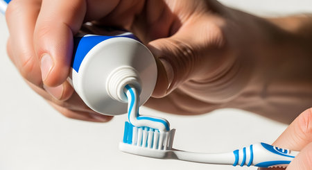 Toothbrush with toothpaste in hand, close-up.の素材