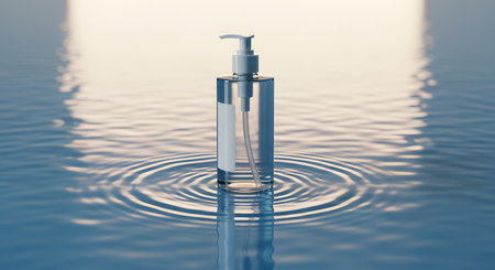 Cosmetic bottle on water surface, 3d render illustration. Beauty and skin care conceptの素材