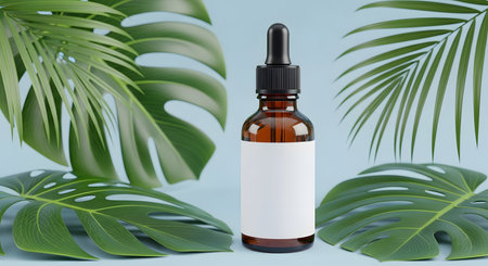 Mockup of cosmetic bottle with blank label and tropical leaves on blue backgroundの素材