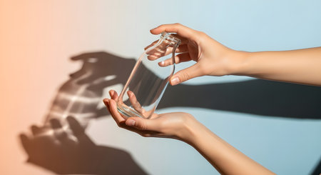 Female hands with bottle of hand sanitizer on color background, closeupの素材
