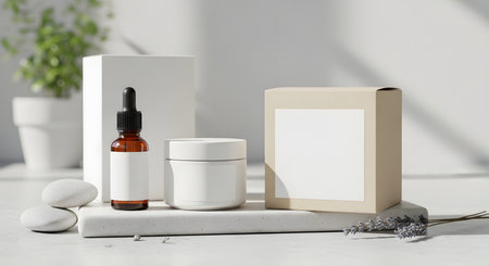 Cosmetic branding mock-up, natural skincare product with blank label, 3d renderingの素材
