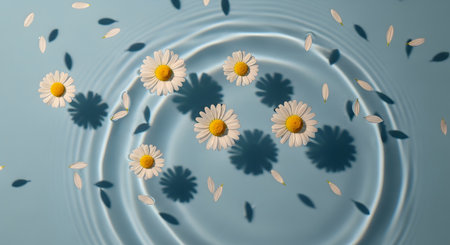 Chamomile flowers floating in the water,perfect for beauty consep or beauty backgroundの素材