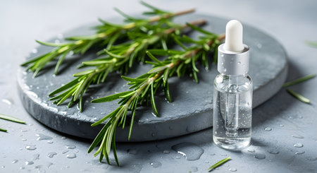 Rosemary essential oil in a glass bottle with fresh rosemary twigs.の素材
