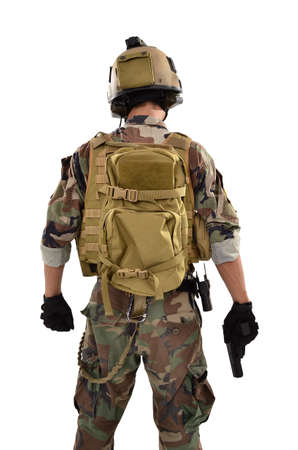 stern and scary male soldier posing for camera isolated on white backgroundの写真素材