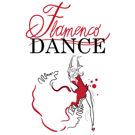 Flamenco dance elements. Dancer figure sketch. Flamenco Dance inscription.のイラスト素材
