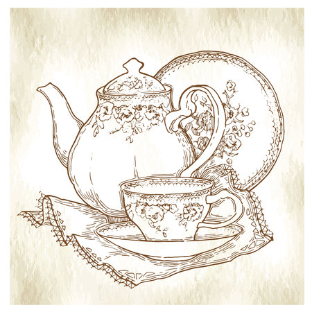 Hand made sketch of tea sets. Vector illustration made in vintage style.のイラスト素材
