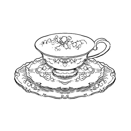 Hand made sketch of tea sets. Vector illustration made in vintage style.のイラスト素材