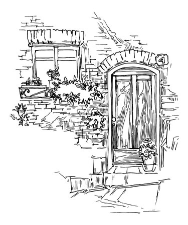 Sketch of old street. Vector illustration made in vintage style.のイラスト素材