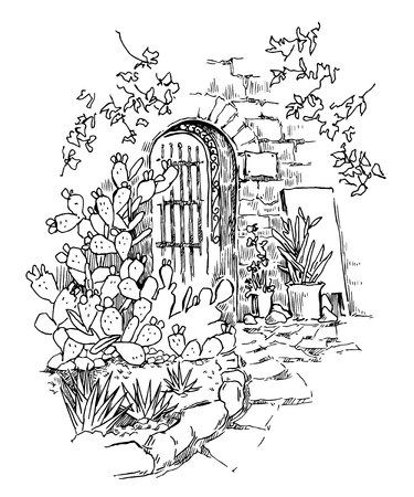 Sketch of old street. Vector illustration made in vintage style.のイラスト素材