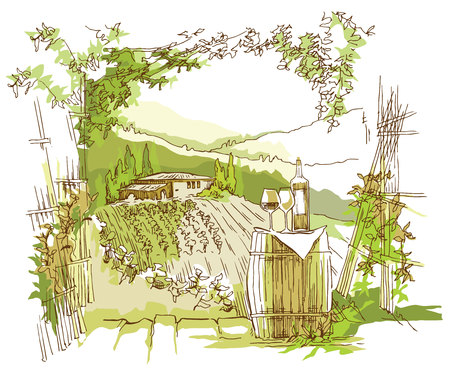 Sketch of old street. Vector illustration made in vintage style.のイラスト素材