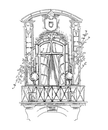 Sketch of old street. Vector illustration made in vintage style.のイラスト素材