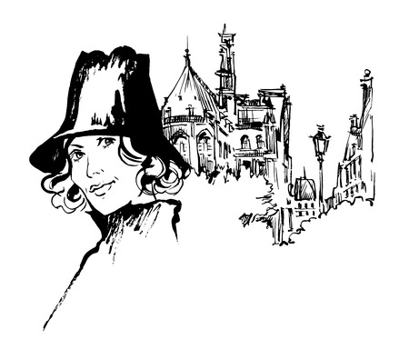 Vector hand drawn portrait of young stylish girl isolated on white background. Good for magazine cover, journal article, print, packaging design, shop and store logo.のイラスト素材