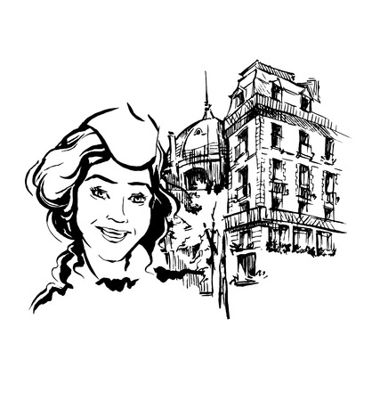 Vector hand drawn portrait of young stylish girl isolated on white background. Good for magazine cover, journal article, print, packaging design, shop and store logo.のイラスト素材