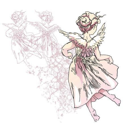 Angel gril sketch isolated on white background. Vintage style.のイラスト素材