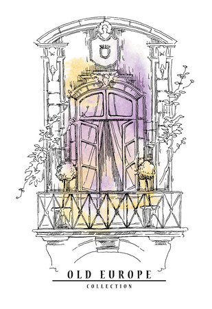 Hand drawn sketch of old street. Lineart drawing on watercolor background.のイラスト素材