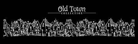 Hand drawn sketch of cartoon old town. Made in vintage style.のイラスト素材