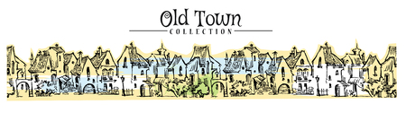 Hand drawn sketch of cartoon old town. Made in vintage style.のイラスト素材