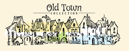 Hand drawn sketch of cartoon old town. Made in vintage style.のイラスト素材