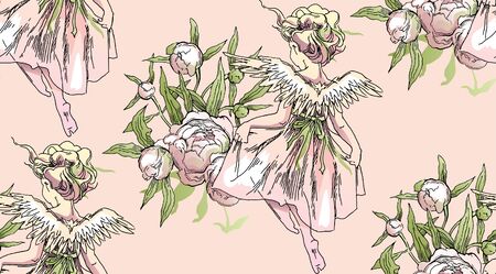 Angel and flowers seamless pattern. Vector illustration of peony flowers and Angel girls flying.のイラスト素材