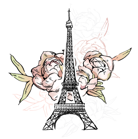 Paris illustration. Vector artwork. Flower and paint spots background.のイラスト素材