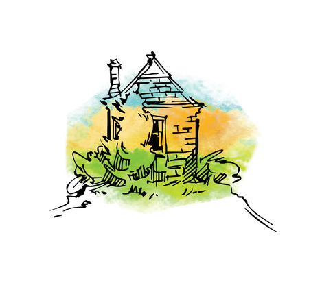 Hand drawn vector sketch of trees and plants. Watercolor backgroundのイラスト素材