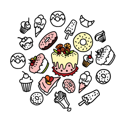 Hand drawn vector sketch of sweets, cakes, donuts, muffinsのイラスト素材