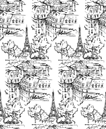 Paris illustration. Vector artwork. Isolated on white background. Seamless patternのイラスト素材
